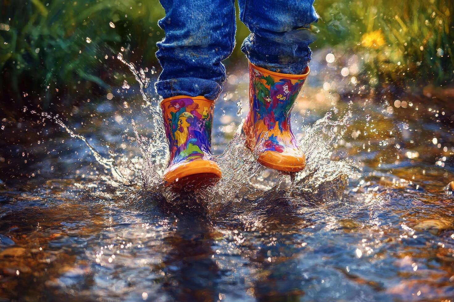 A child in colorful rain boots jumping into a stream photo