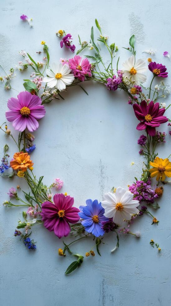 A wreath of flowers is arranged on a blue background photo