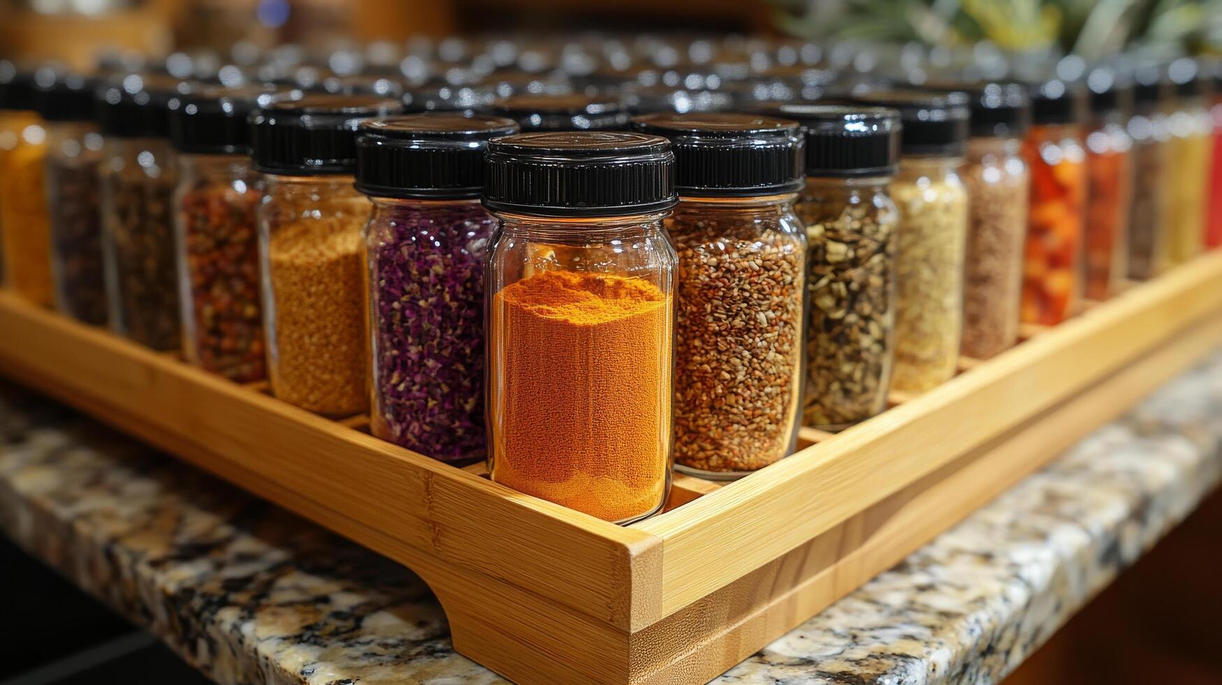 A wooden tray with many jars of spices photo