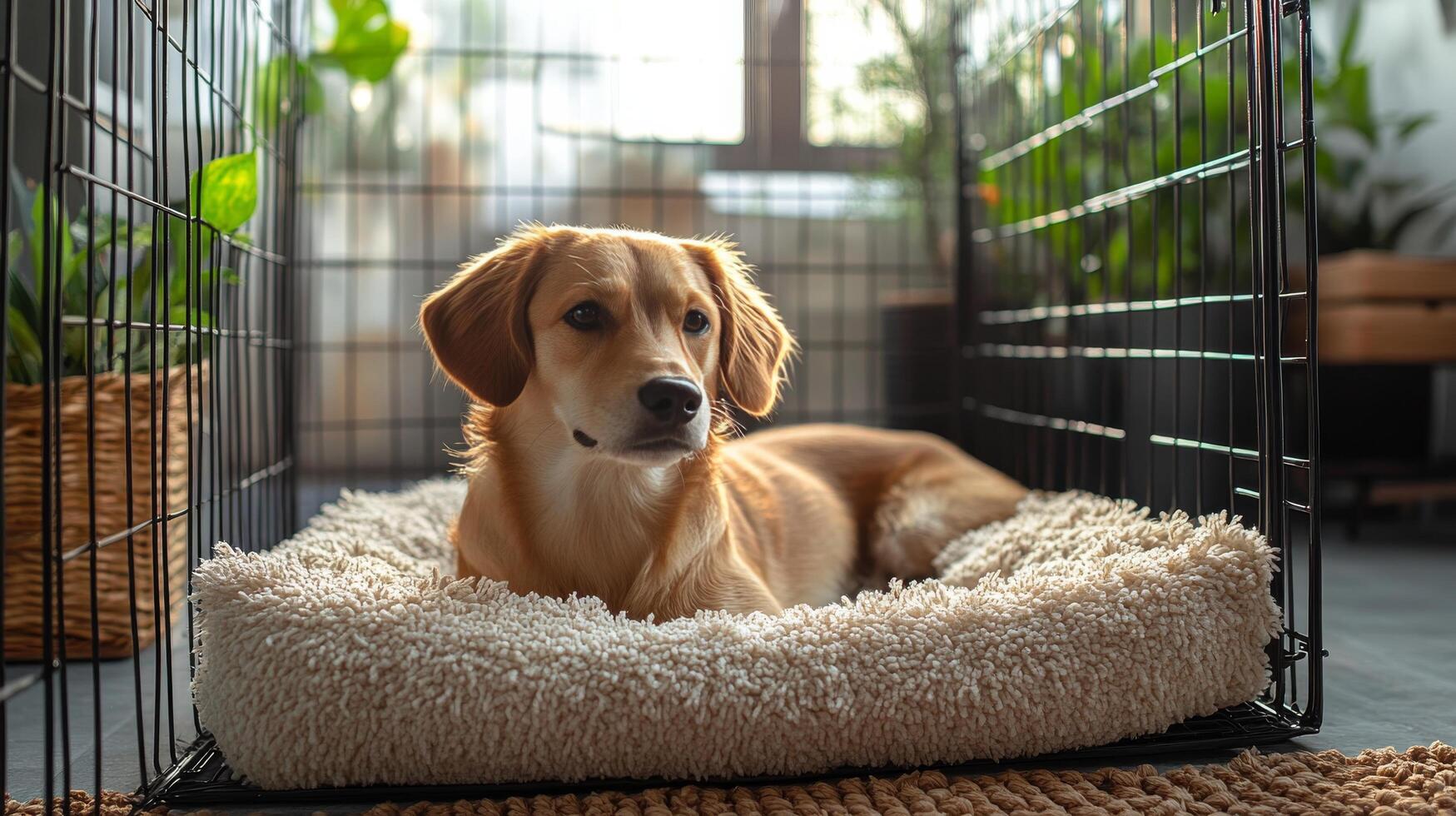 A dog is sitting in a cage in a room photo