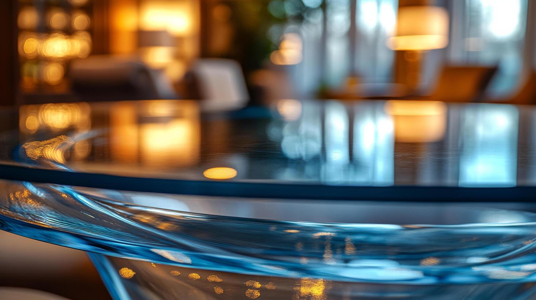 A glass table with a reflection of a room photo