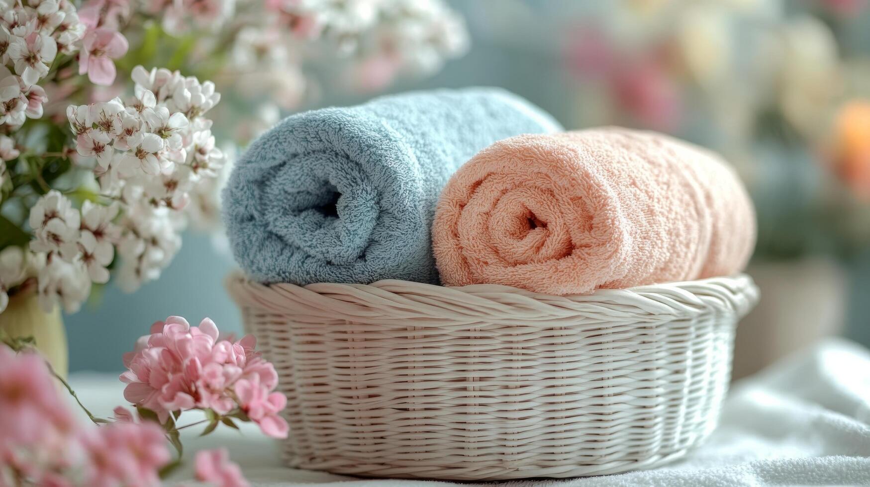 Two towels in a basket with flowers photo