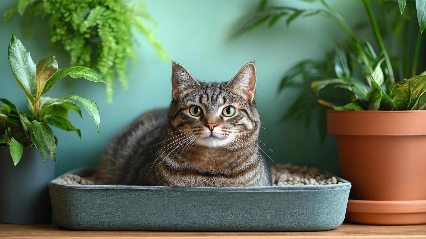 A cat sitting in a litter box next to plants photo