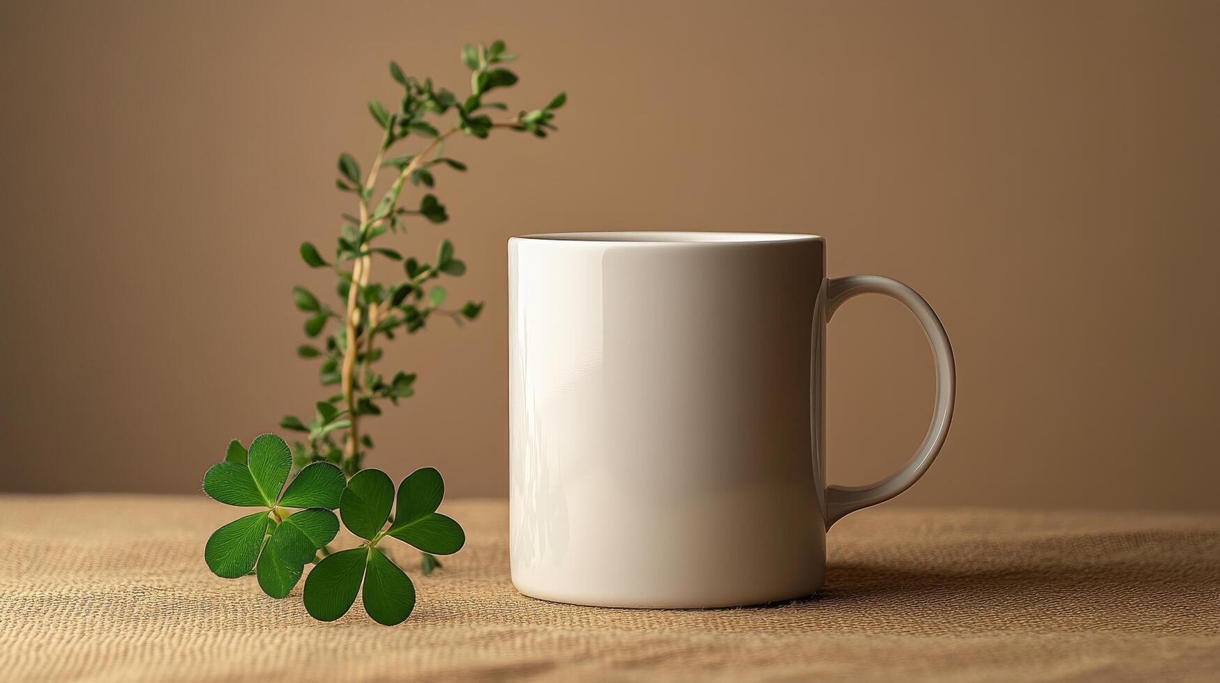 A mug and a clover on a table photo