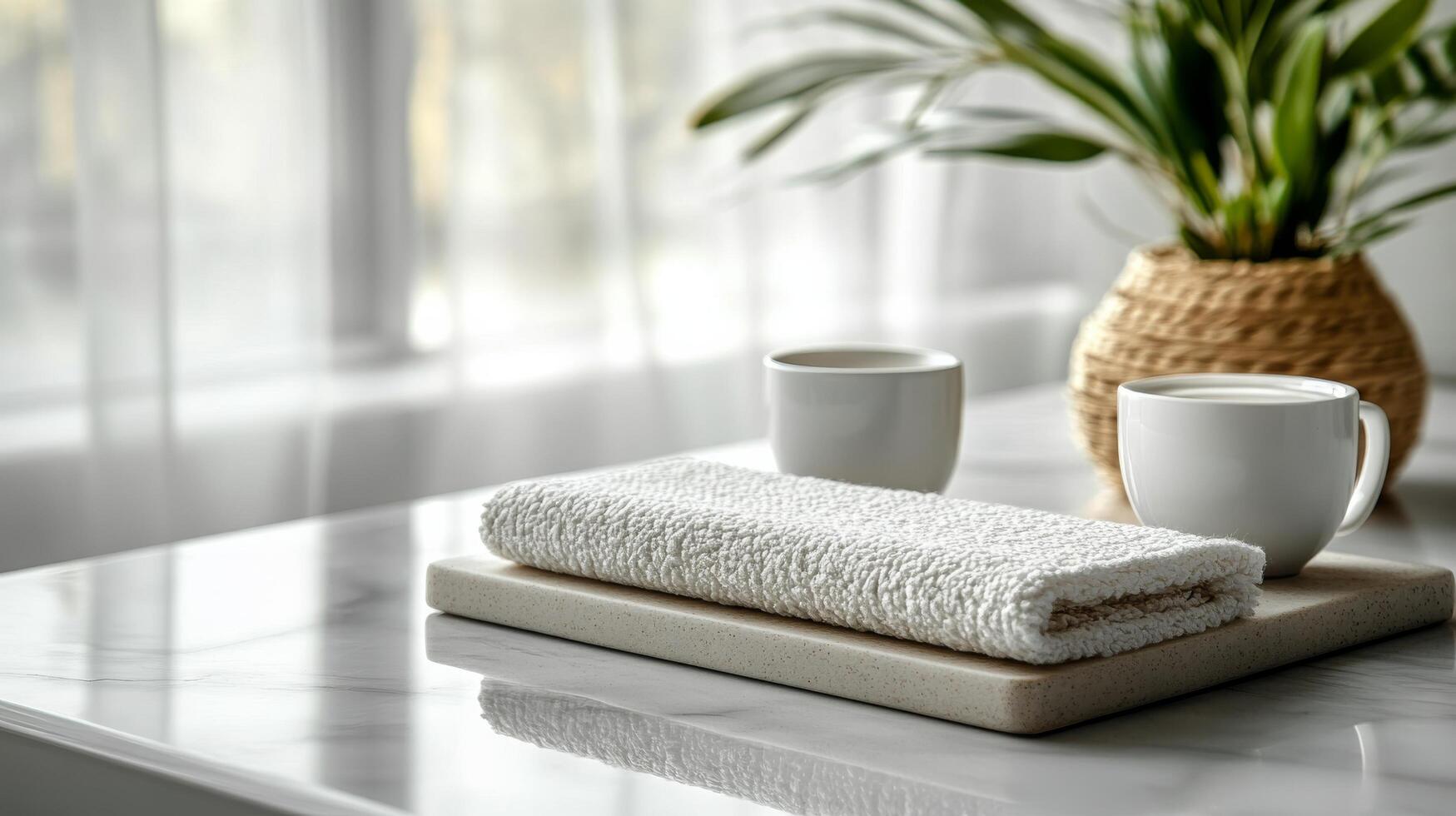 A white towel on a tray with two cups photo
