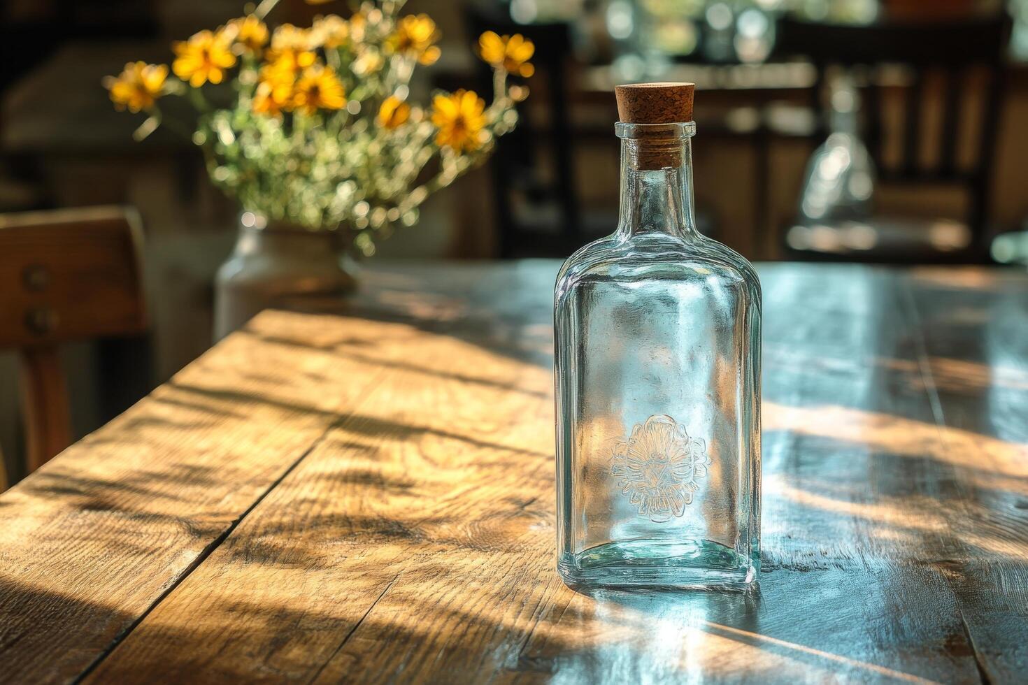 A bottle sitting on a table with yellow flowers in the background photo