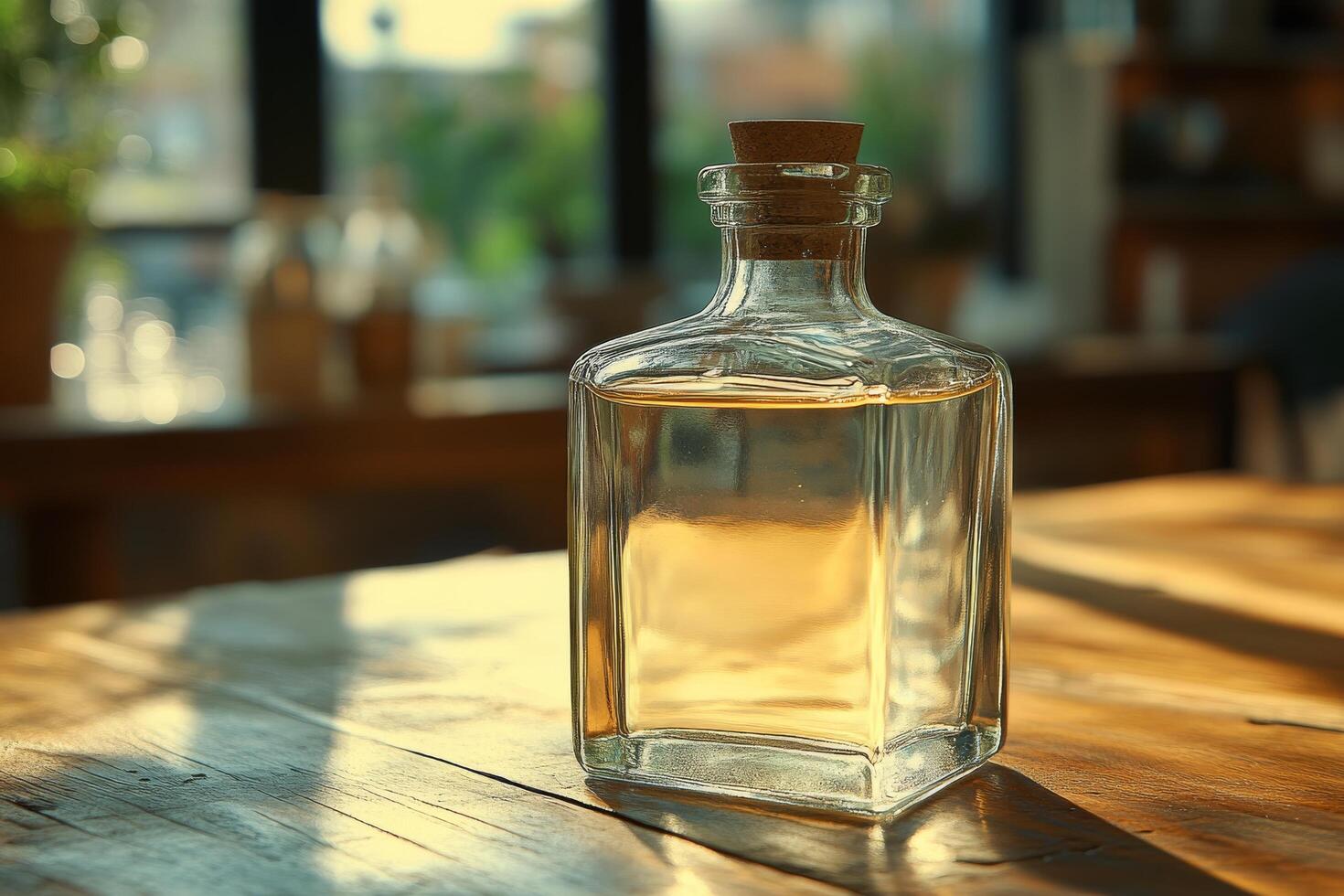 A bottle of liquor sitting on a table photo