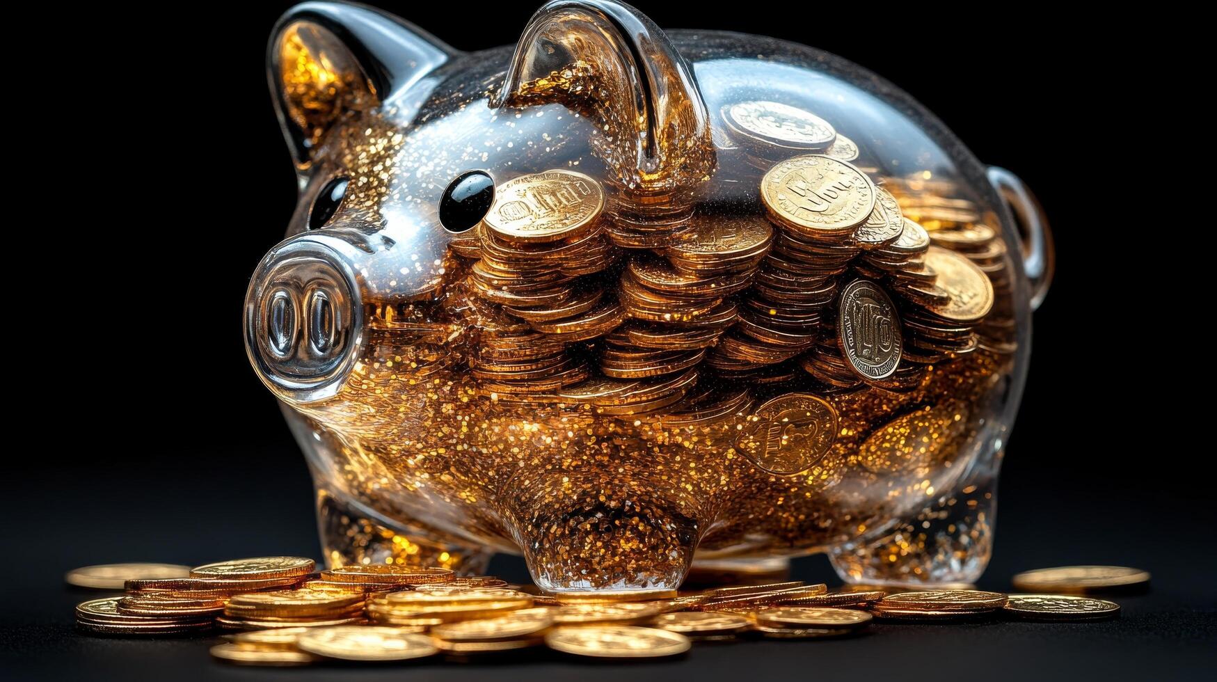 Golden piggy bank with coins on black background photo