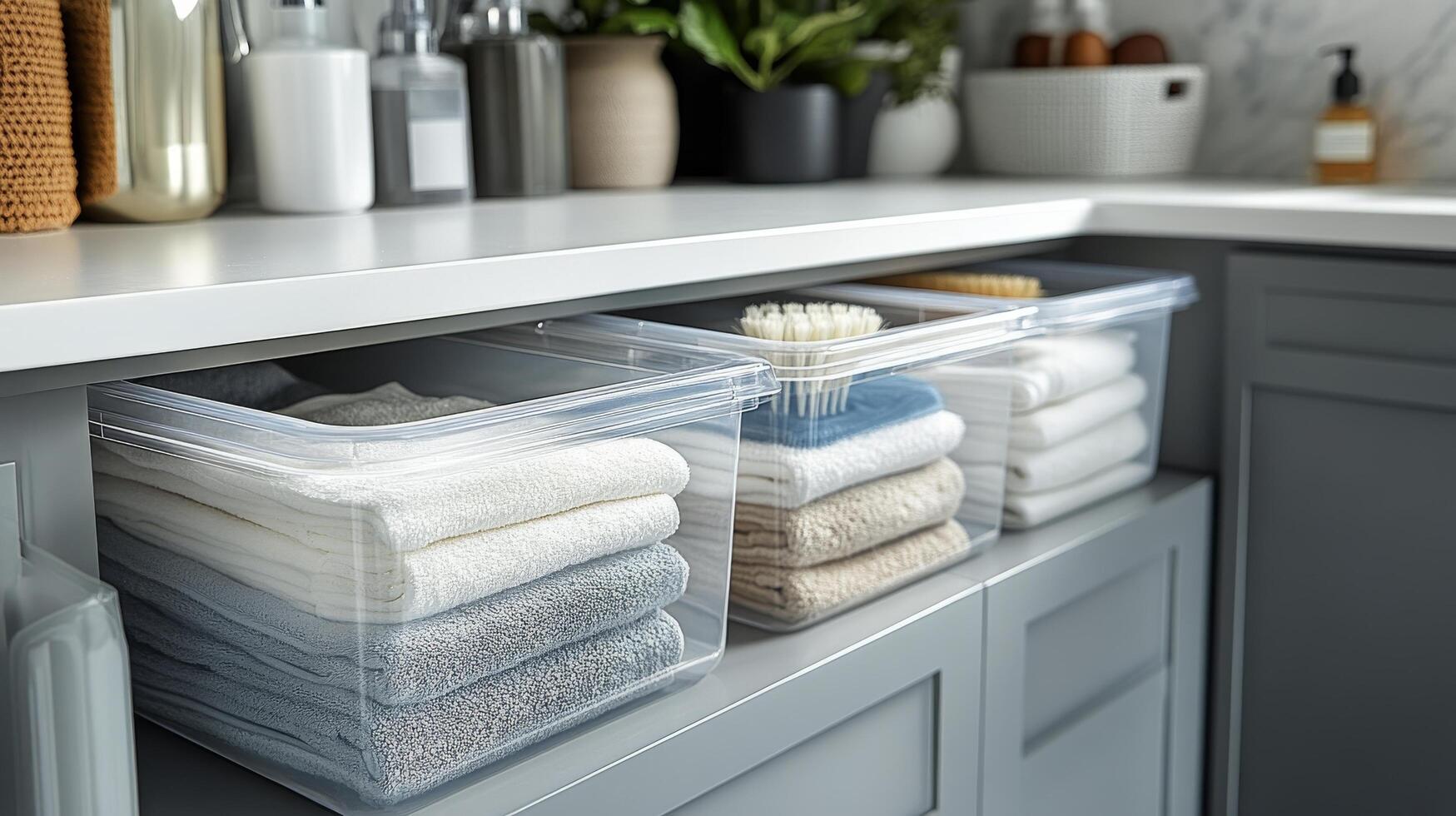A kitchen counter with towels and a sink photo