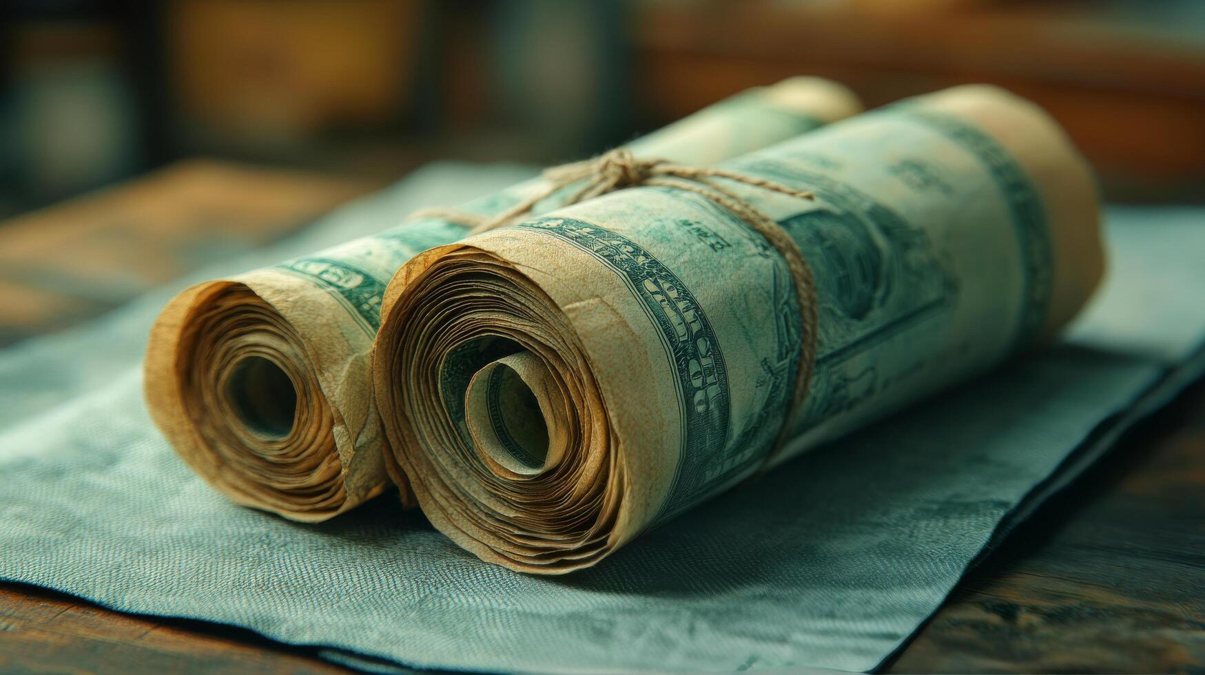 Two rolls of money sitting on top of a wooden table photo