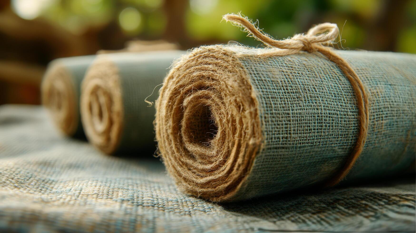 Rolls of jute tied with twine on a cloth photo