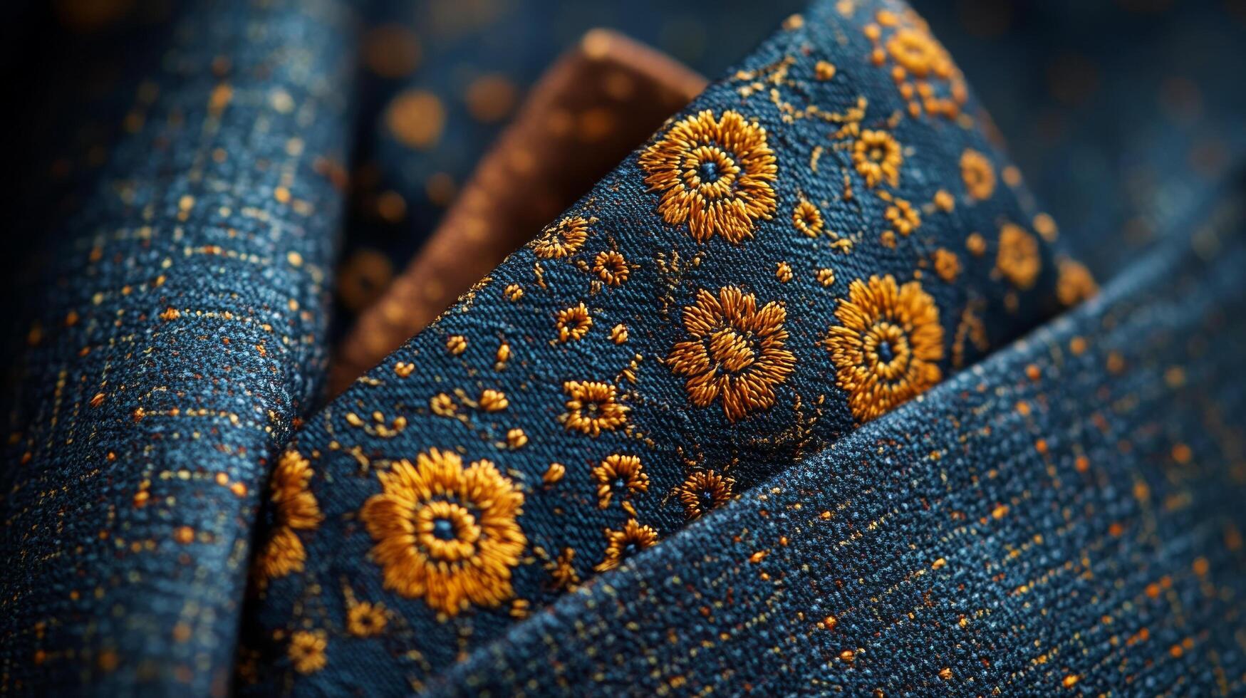 A close up of a blue and gold pocket square photo