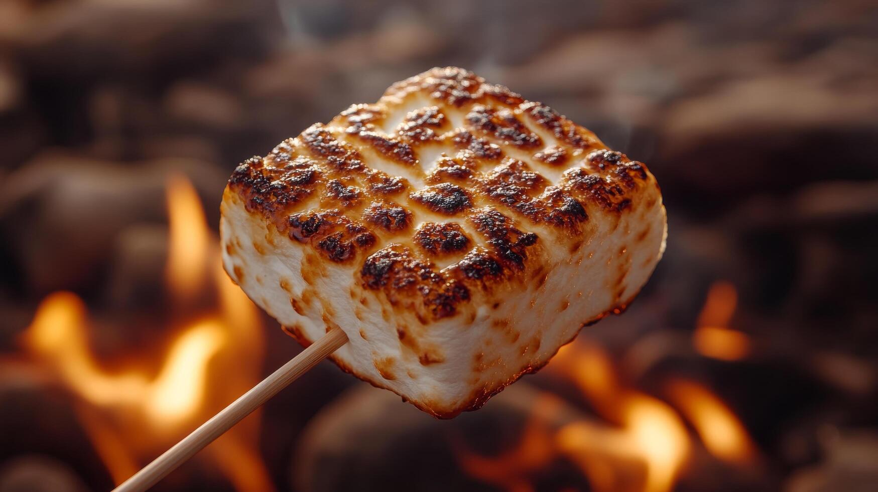 A marshmallow is being grilled over a fire photo
