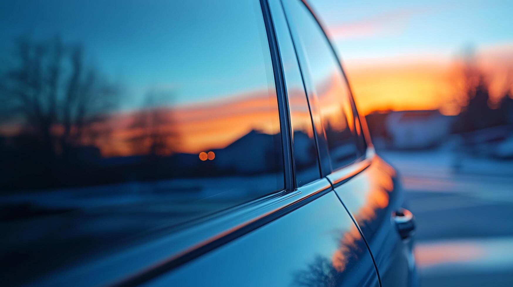 A car is reflected in the window of a car at sunset photo