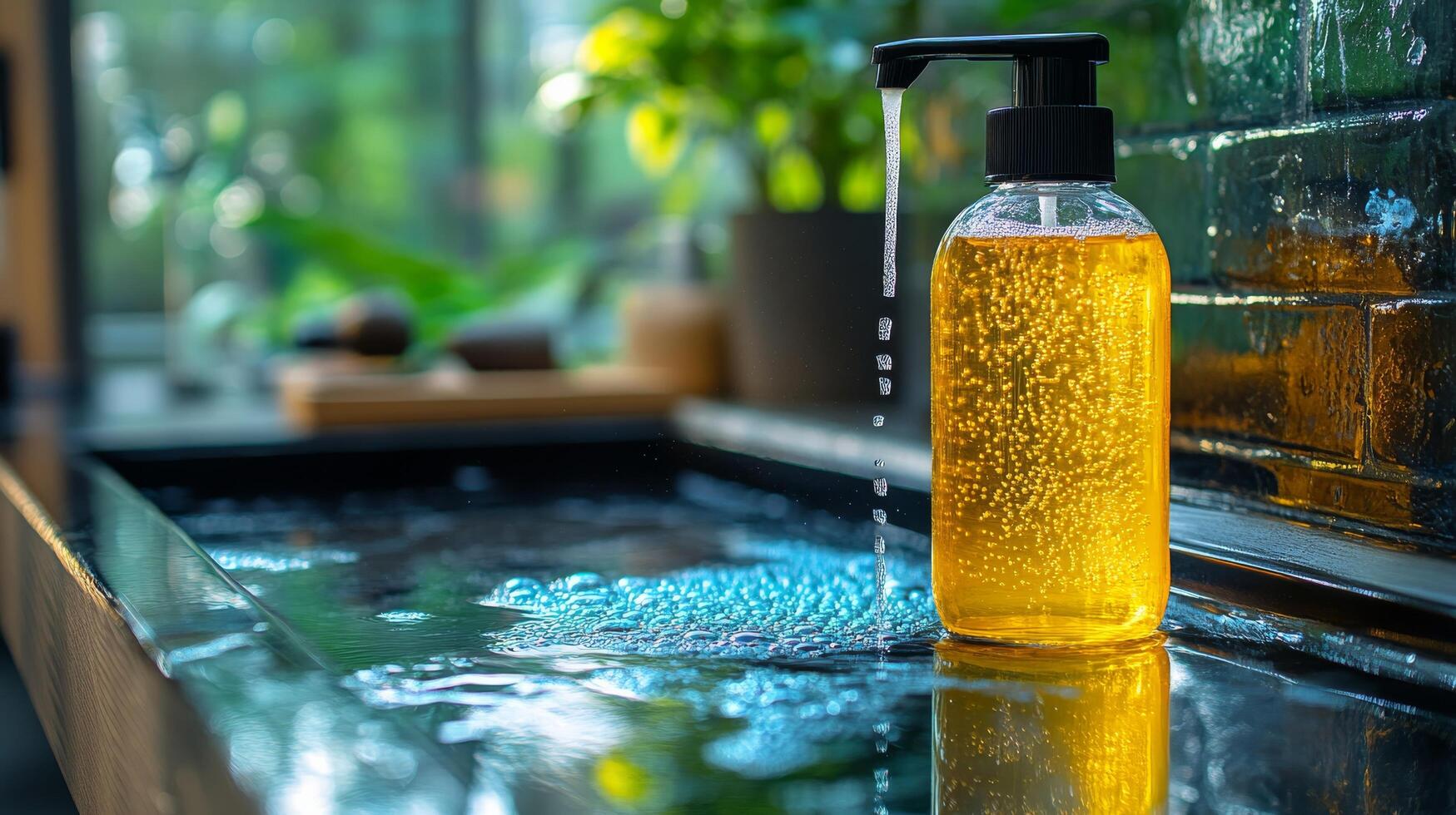 A bottle of liquid soap sitting on a counter photo