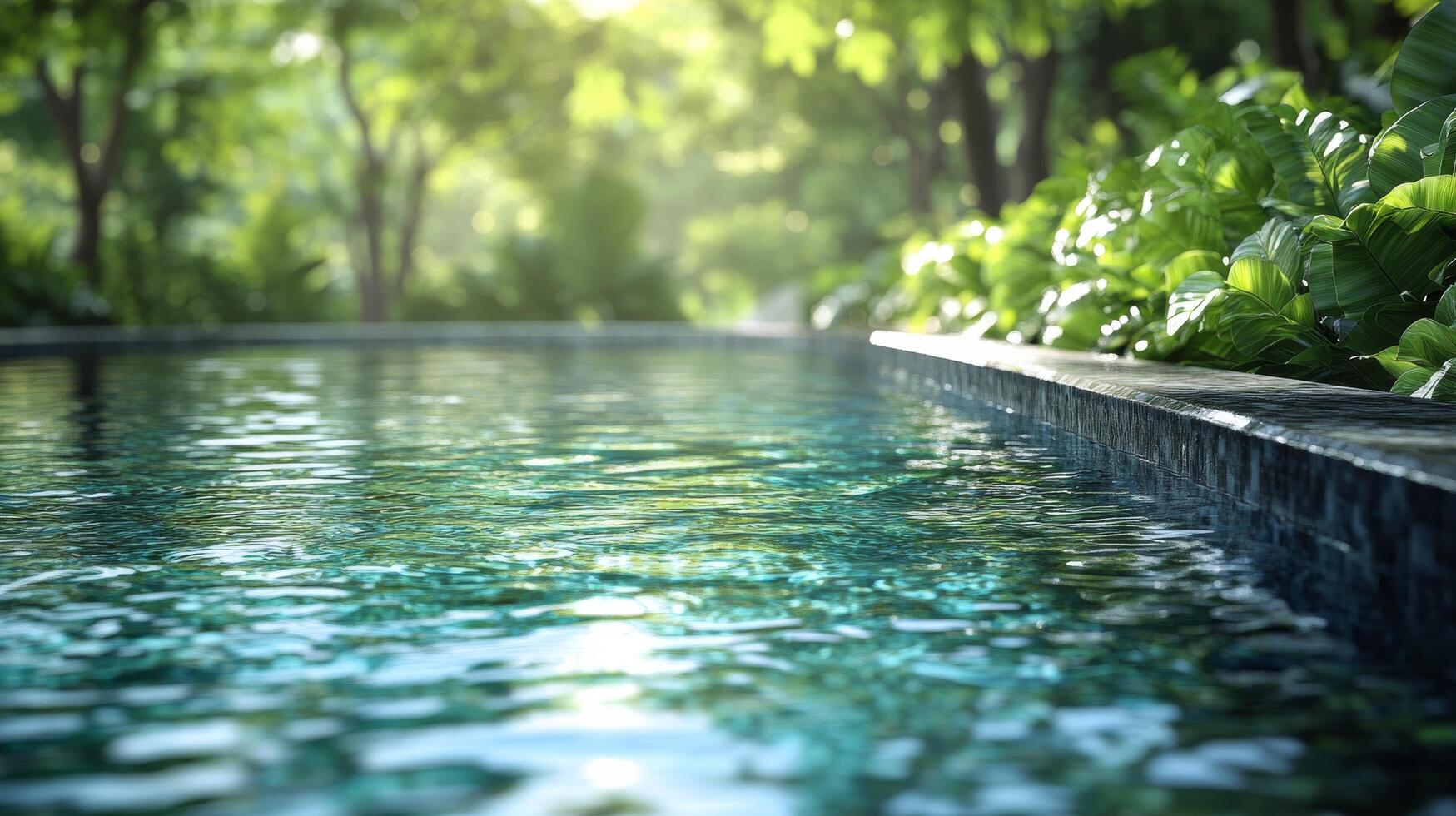 A pool in the middle of a lush green garden photo