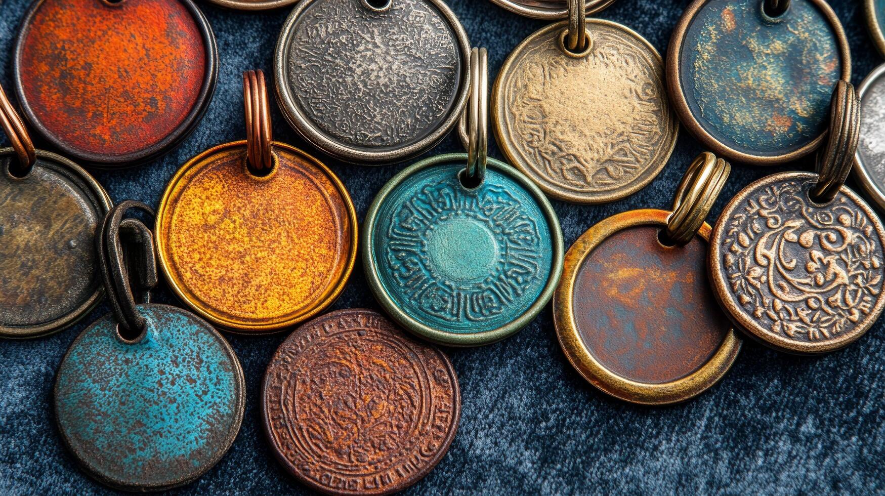 A collection of metal keychains with different colors photo