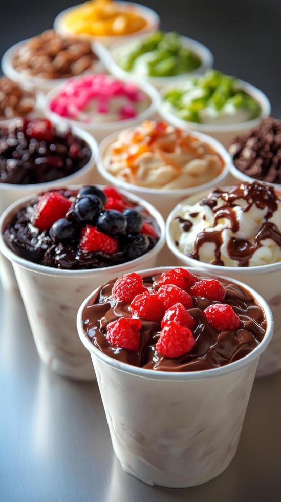 A row of cups with different toppings photo