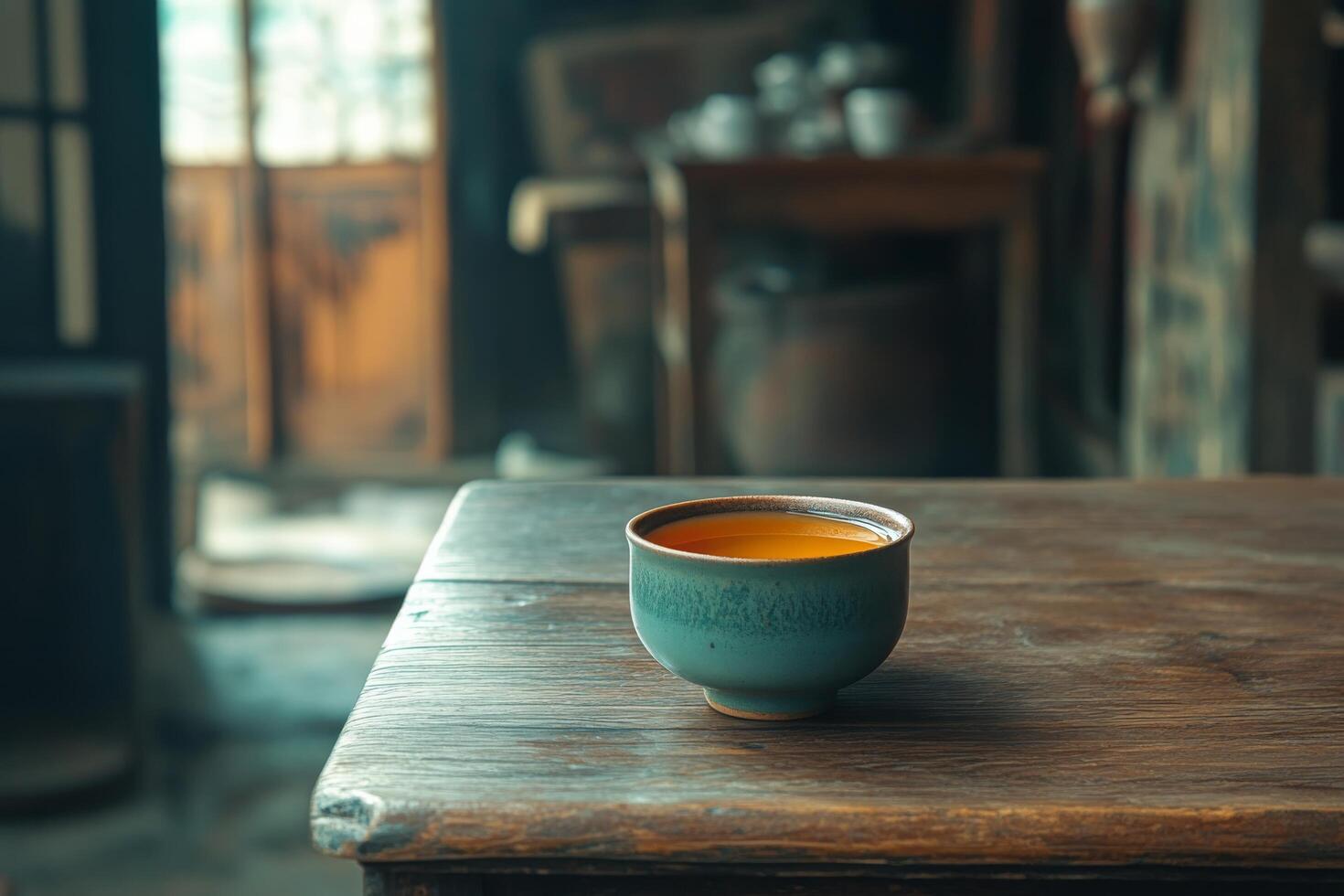 A cup of tea sits on a table in front of a window photo