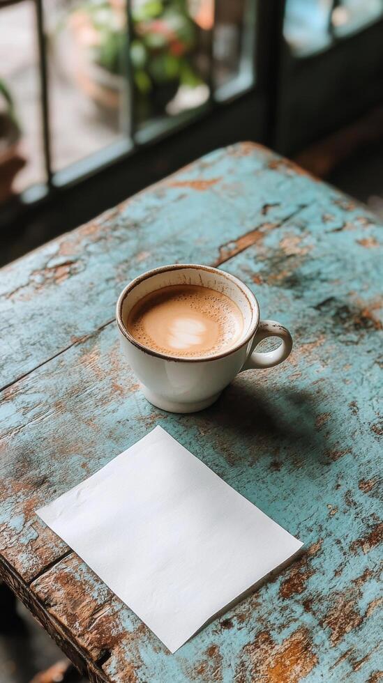 Coffee cup and paper on wooden table photo