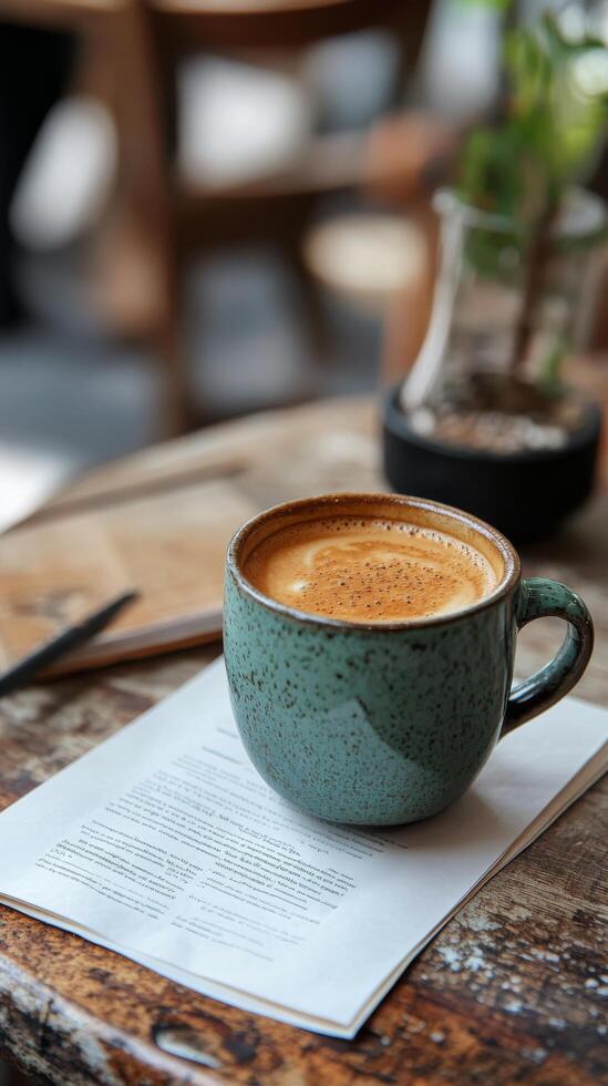 Coffee cup on a table with a paper and a book photo
