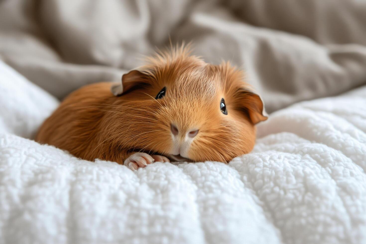 A guinea pig is sitting on a bed photo