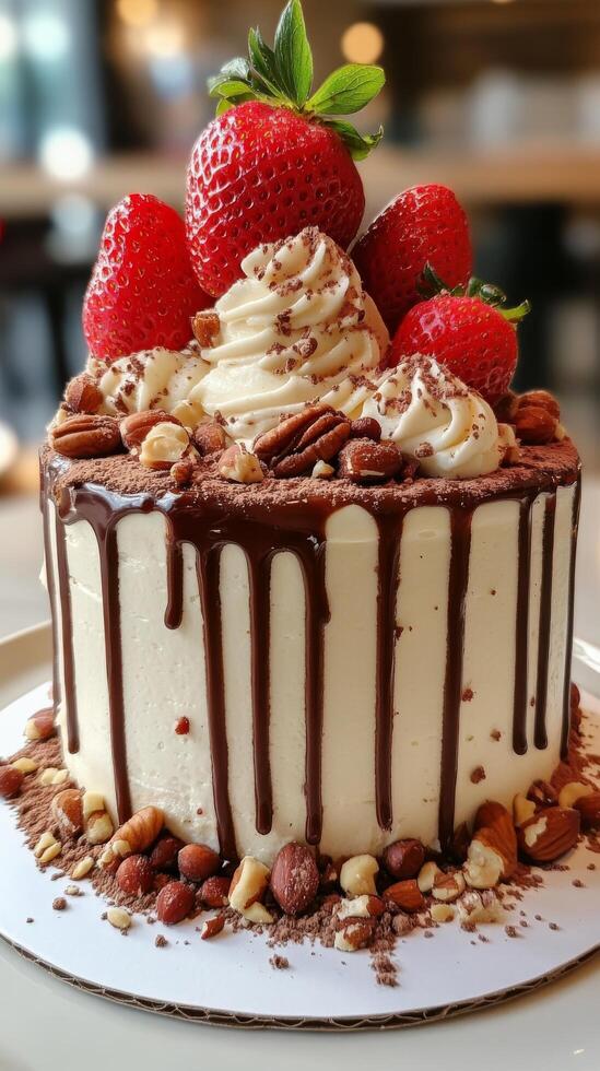 A cake with chocolate drizzle and strawberries photo