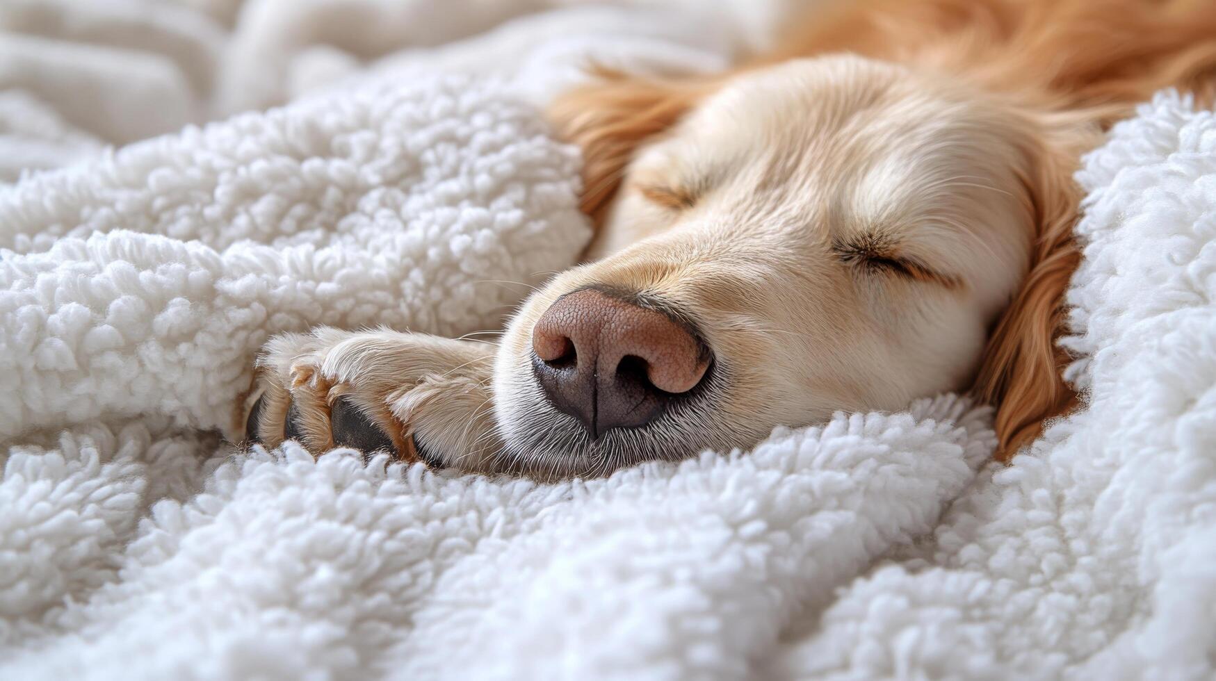 A dog sleeping on a white blanket photo