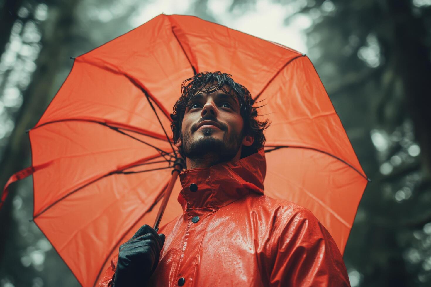 A man in a raincoat holding an umbrella photo