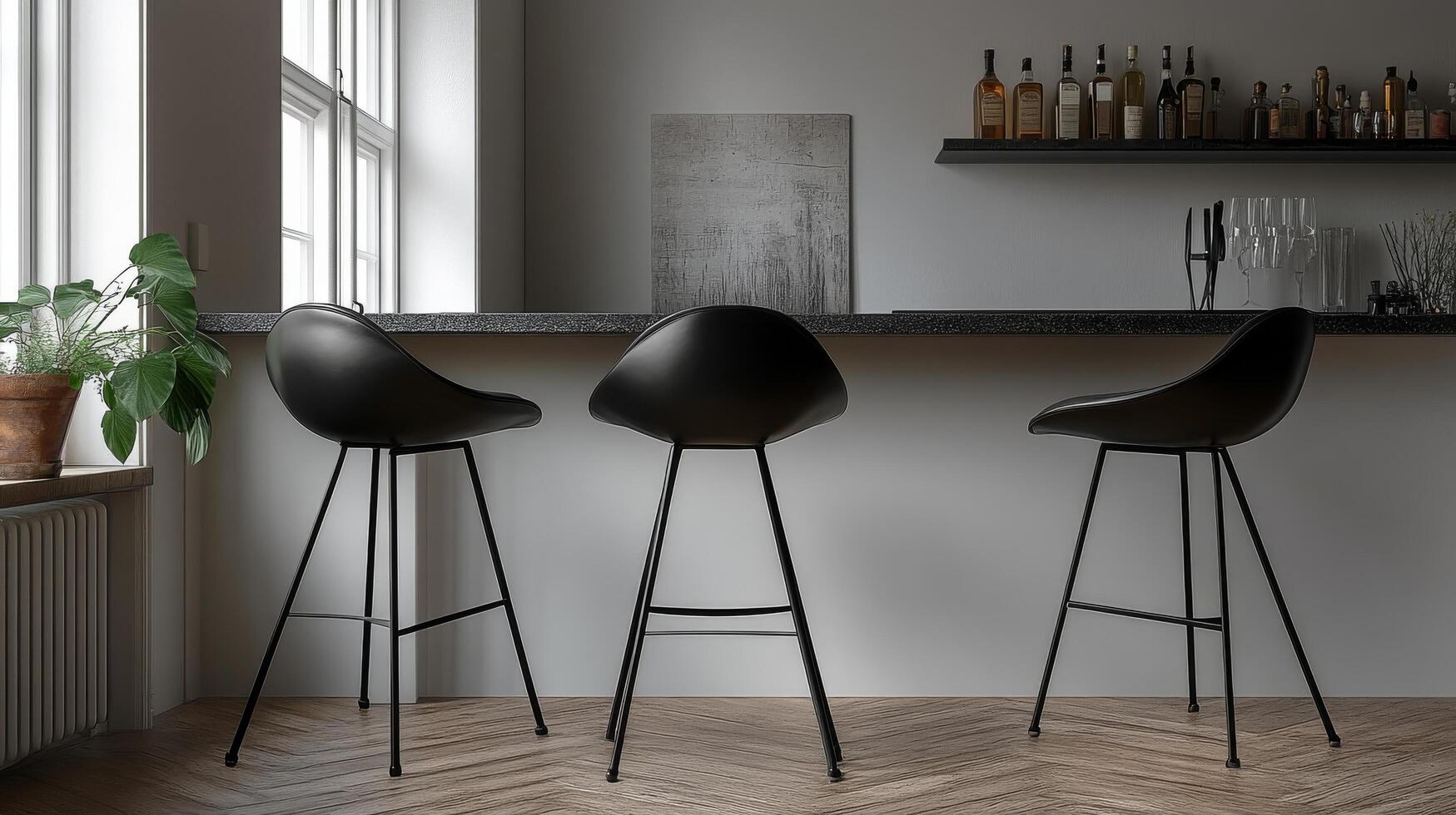Three black stools in front of a bar photo