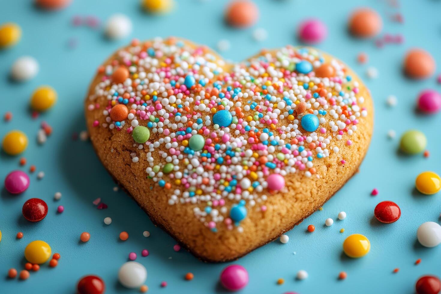 A heart shaped cookie with sprinkles on a blue background photo