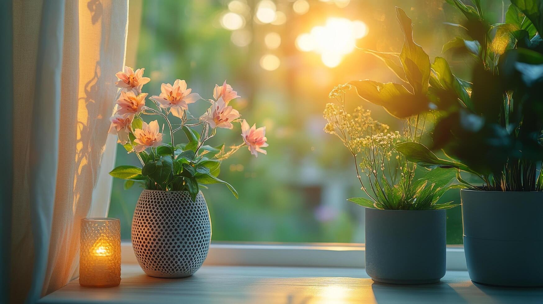 A vase of flowers and a candle sit on a windowsill photo