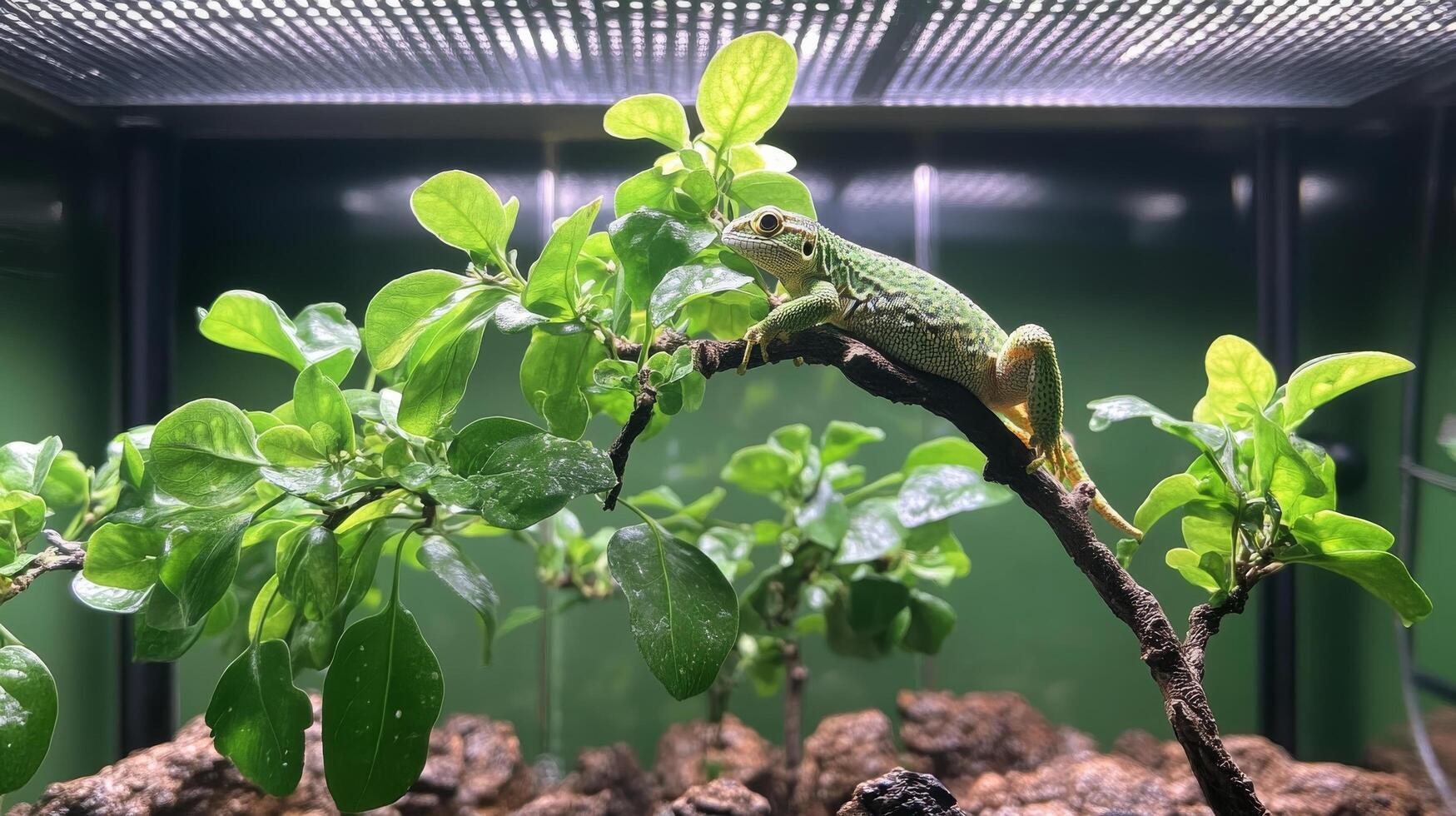 A lizard is sitting on a branch in a green tank photo