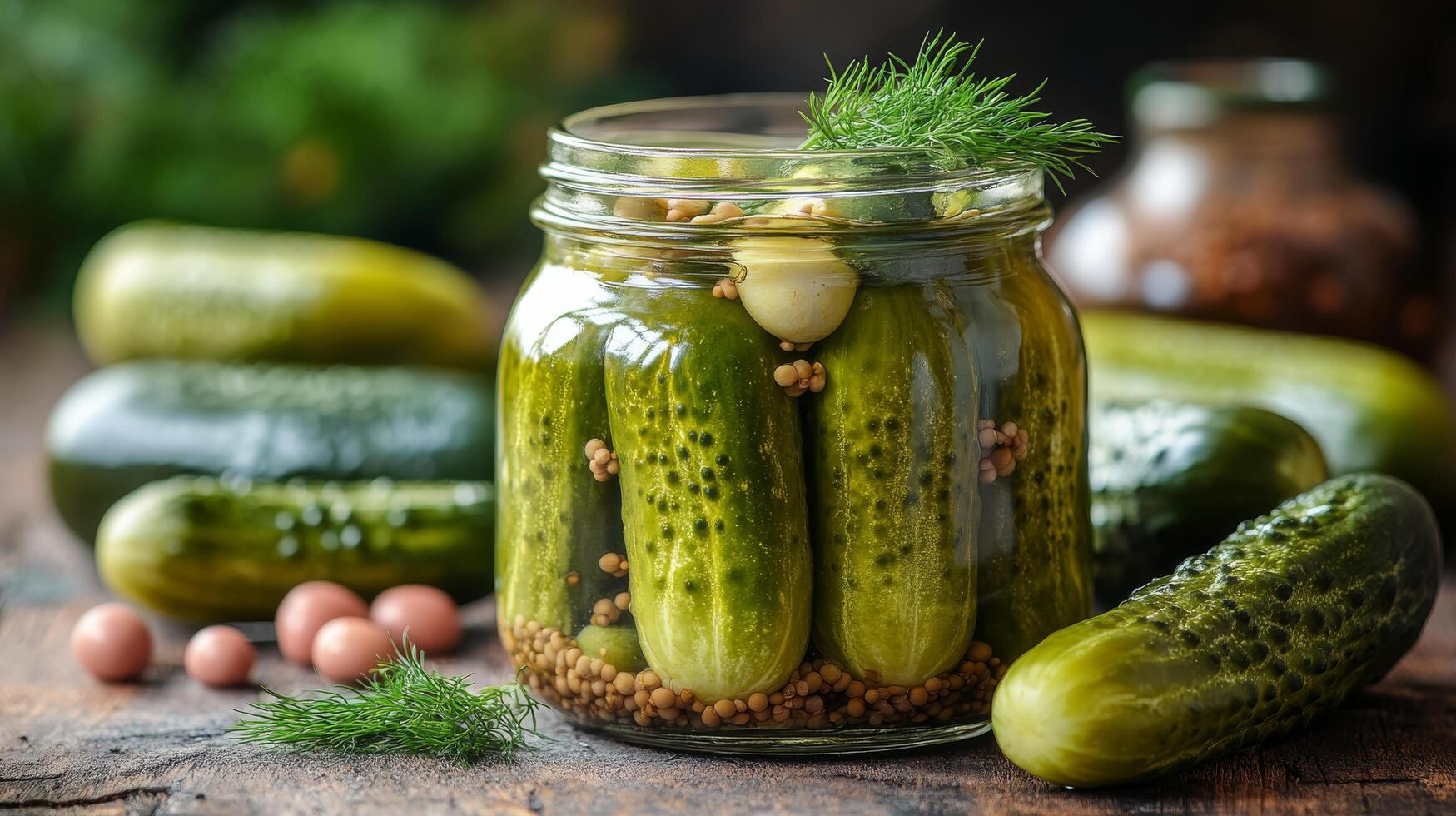 Pickles in a jar with cucumbers and dill photo