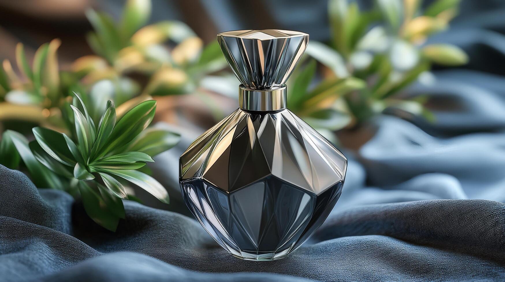 A perfume bottle on a blue cloth with a plant photo