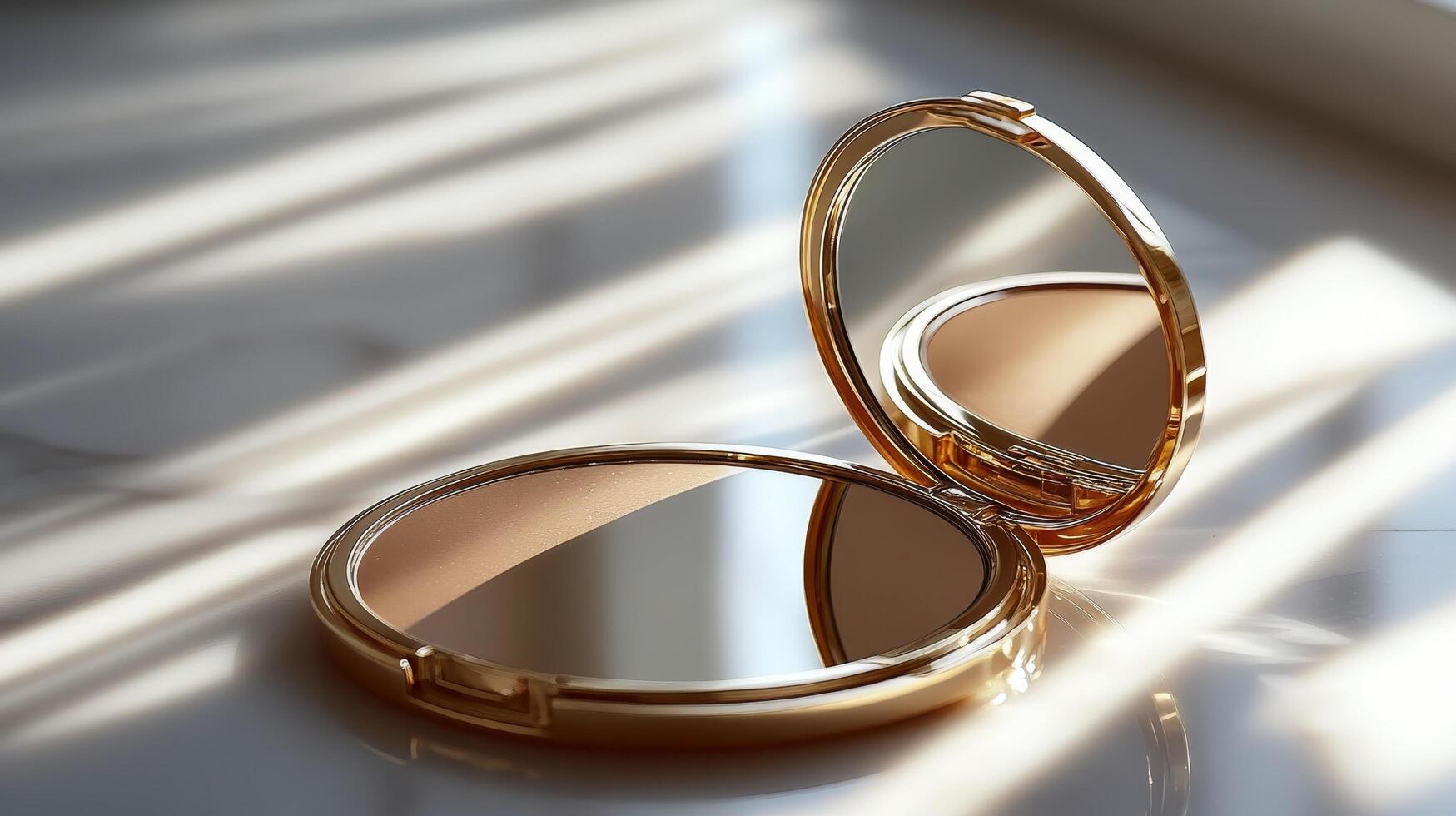A compact mirror with a gold mirror on top photo