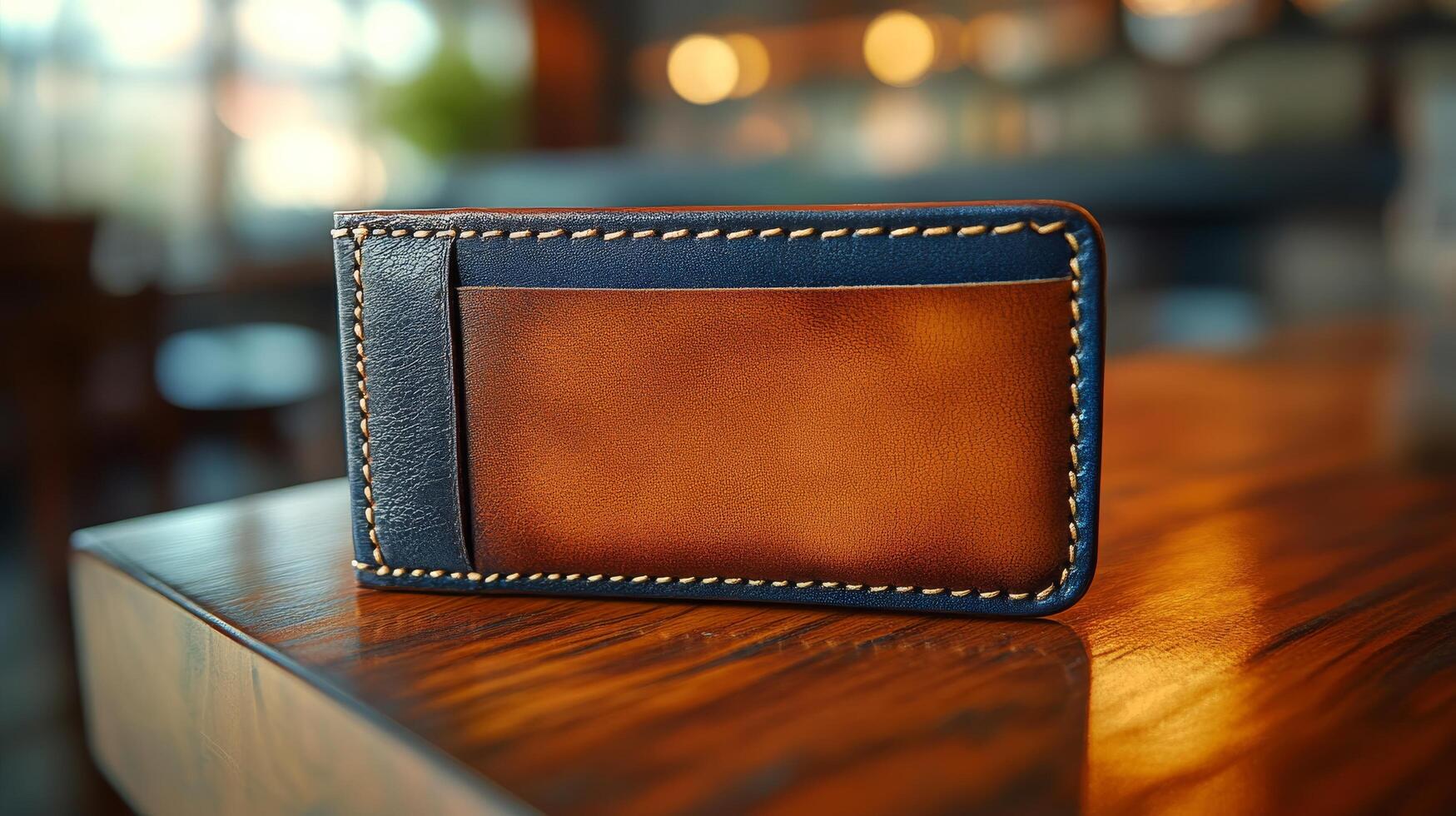 A wallet sitting on a table with a bar in the background photo