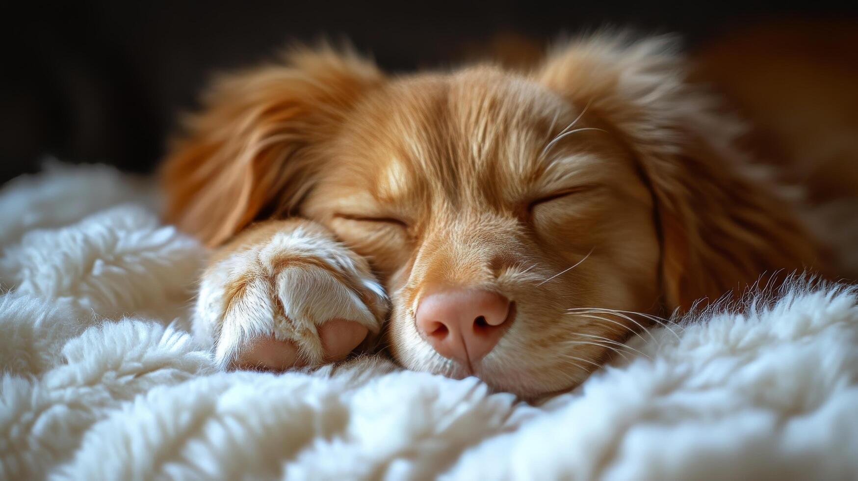 A close up of a dog sleeping on a blanket photo