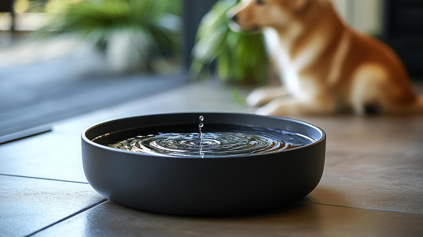 A dog is sitting in front of a bowl with water photo