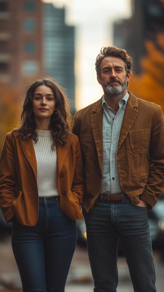 A man and woman standing in the middle of a city street photo