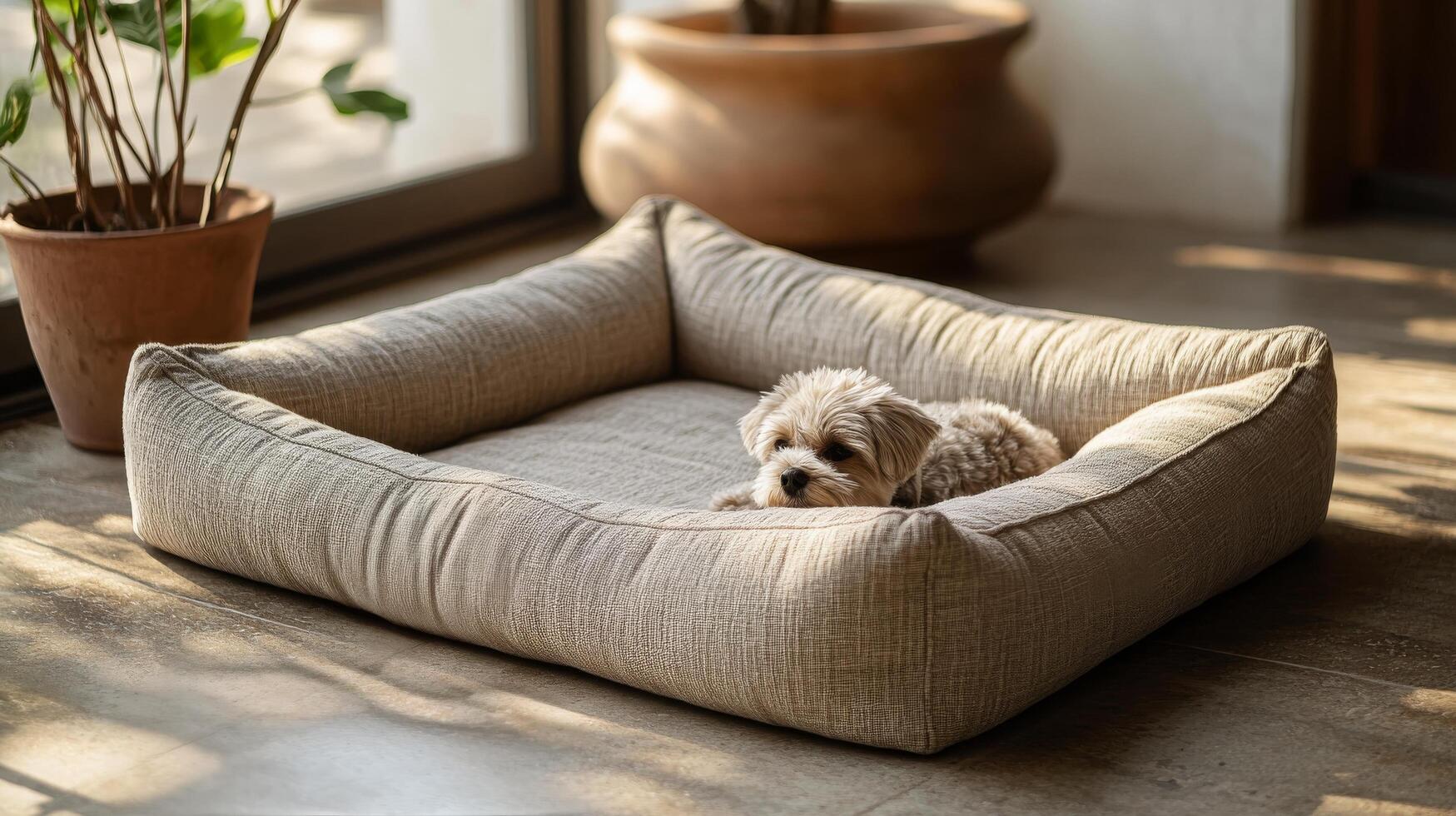 A small dog is sitting in a large dog bed photo