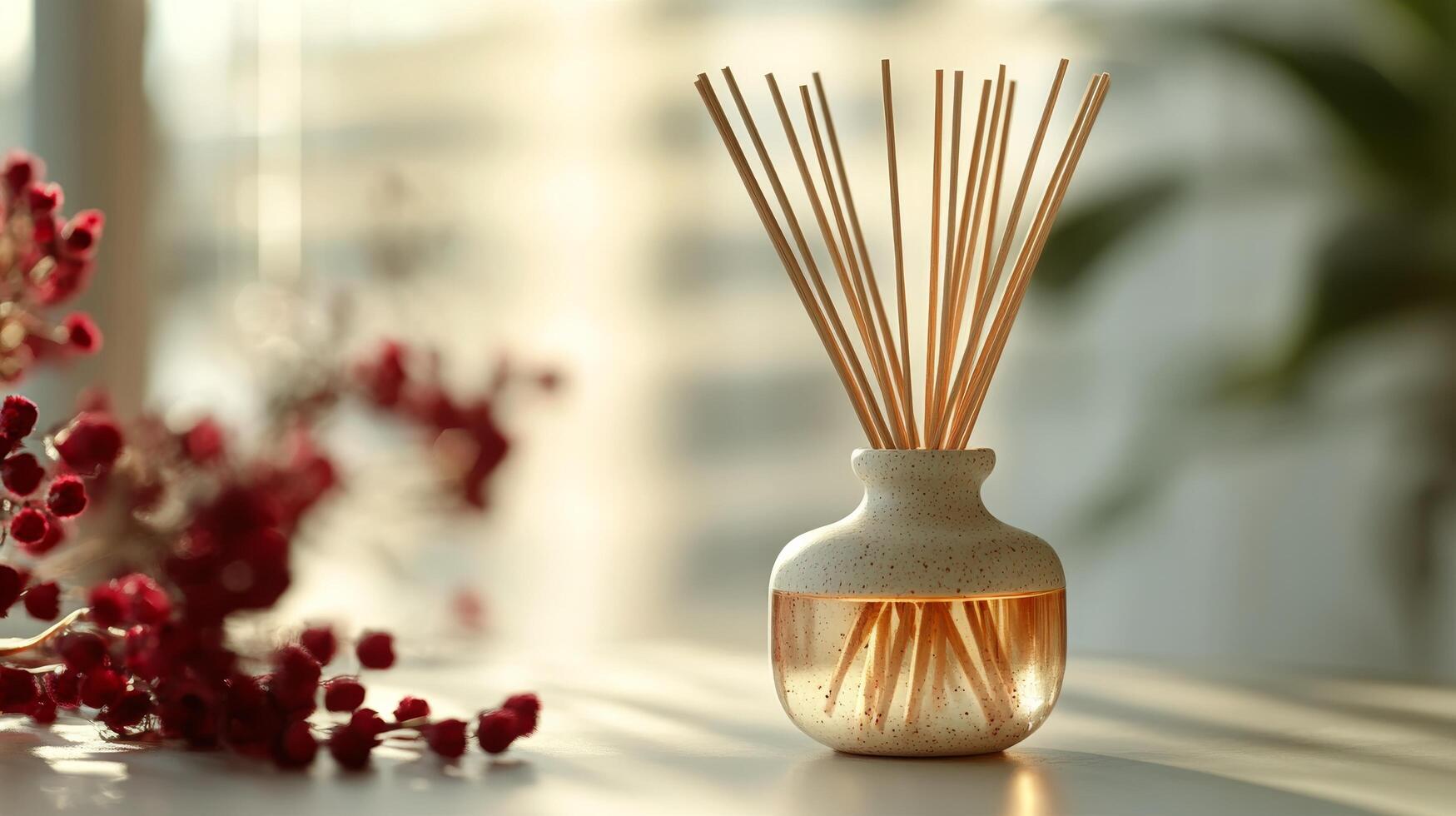 A vase with sticks of reed in it photo