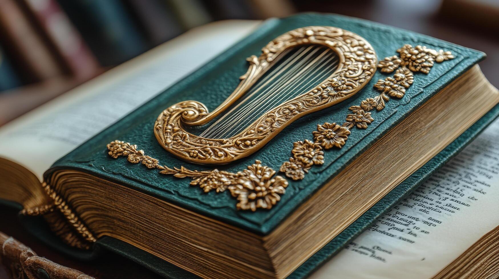An open book with a golden harp on top photo