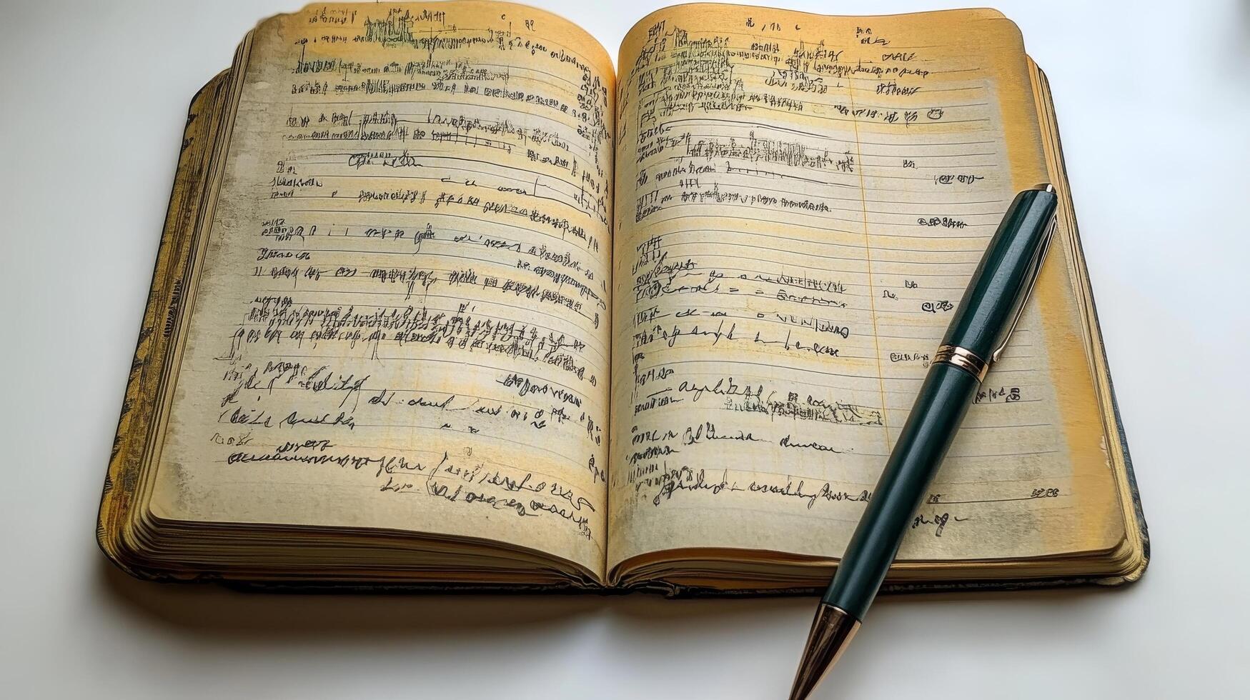 An open book with writing on it and a pen photo