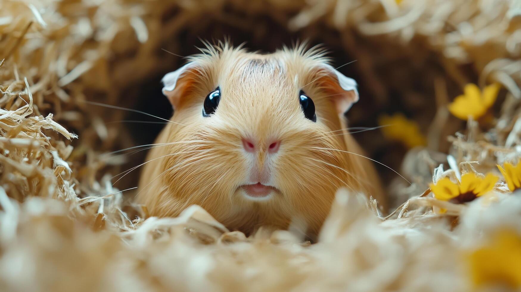 A guinea is looking out from a hole in straw photo