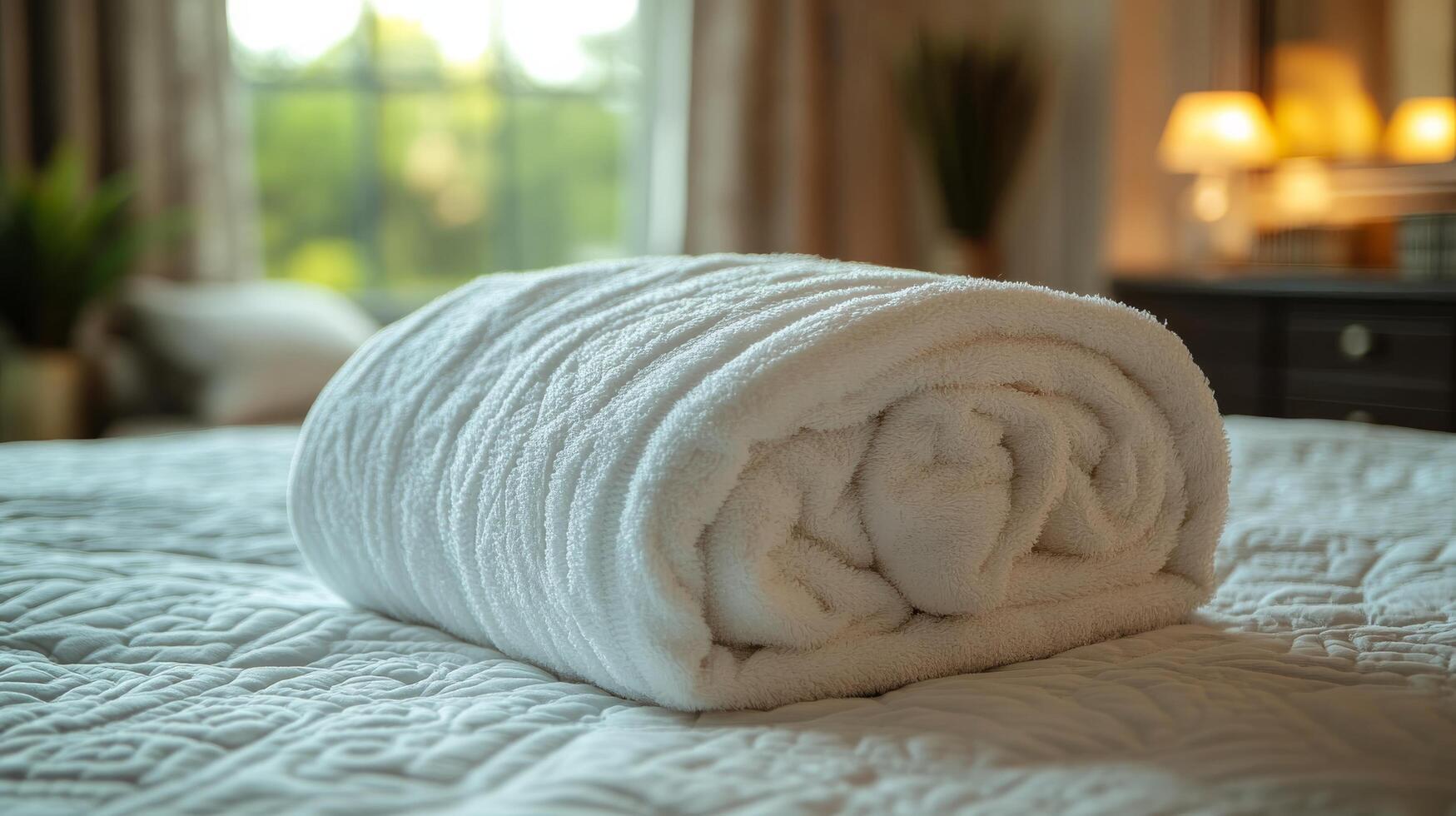 A white towel is rolled up on a bed photo