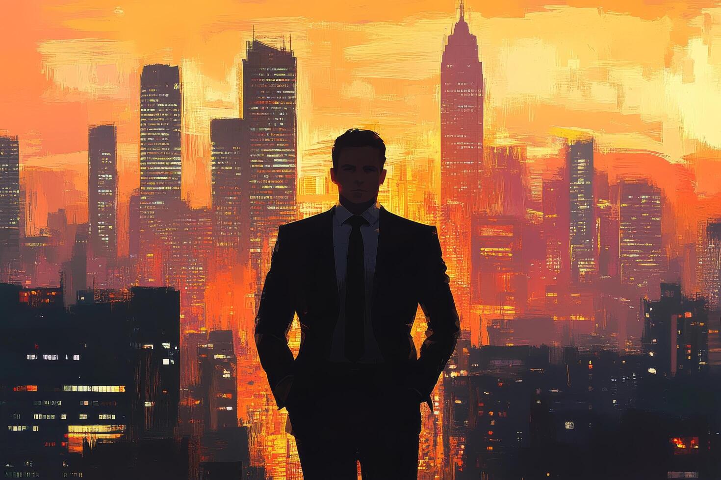 A man in a suit stands in front of a cityscape photo