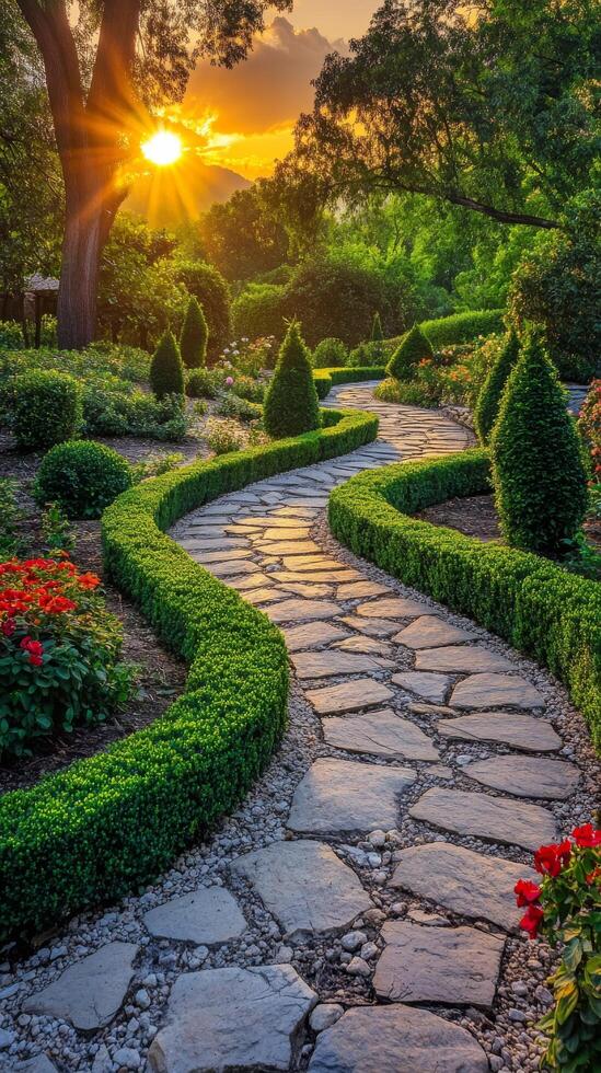 A stone path leads to a garden with flowers and trees photo