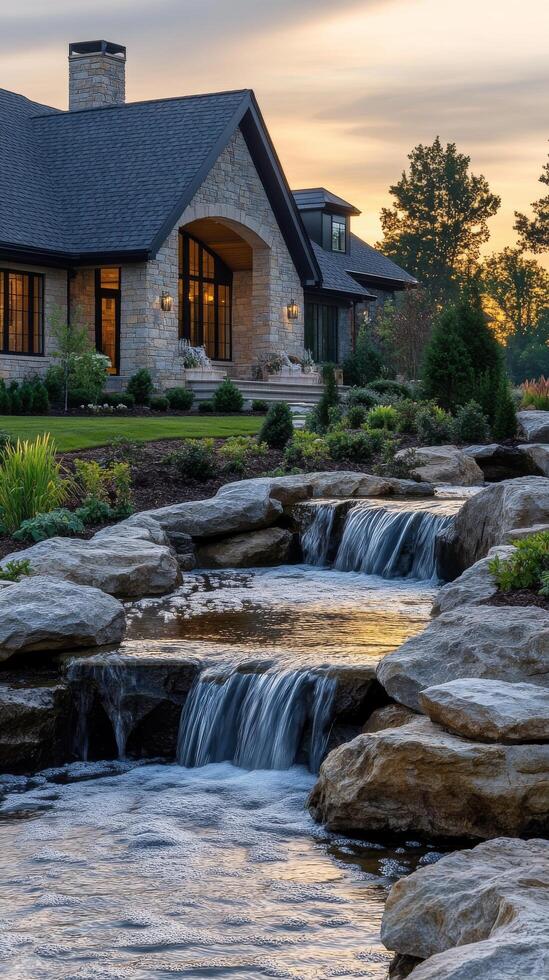 A home with a waterfall and rocks in front of it photo