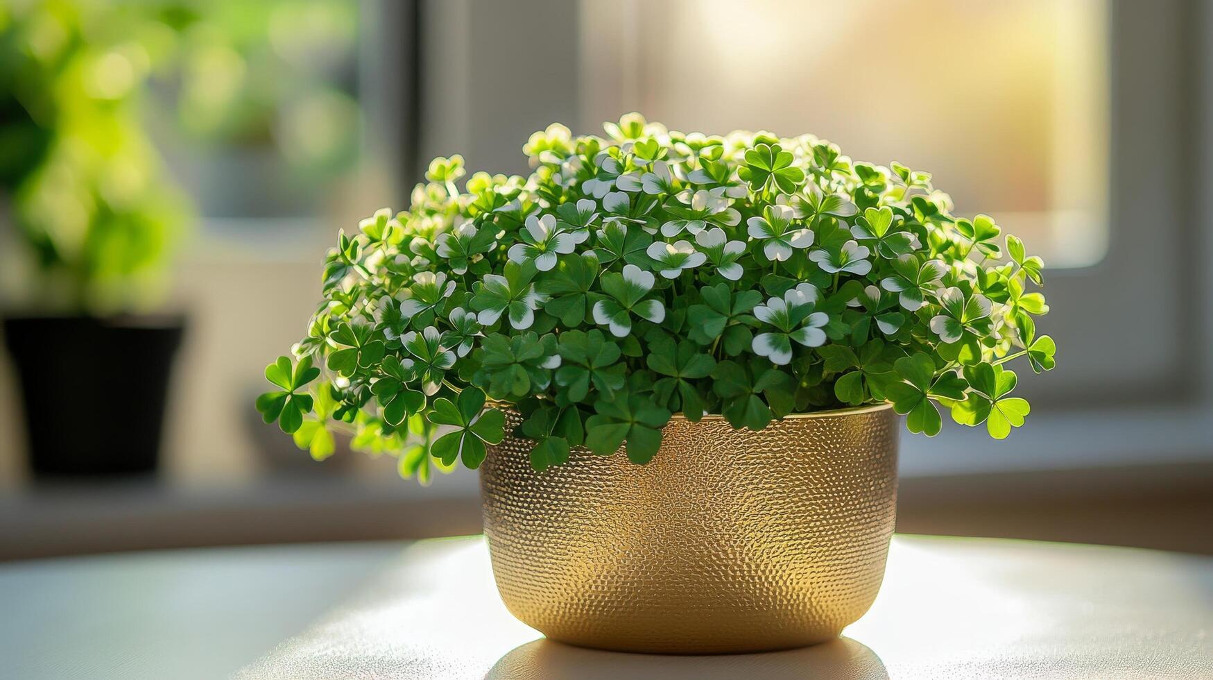 A small plant in a gold vase on a table photo